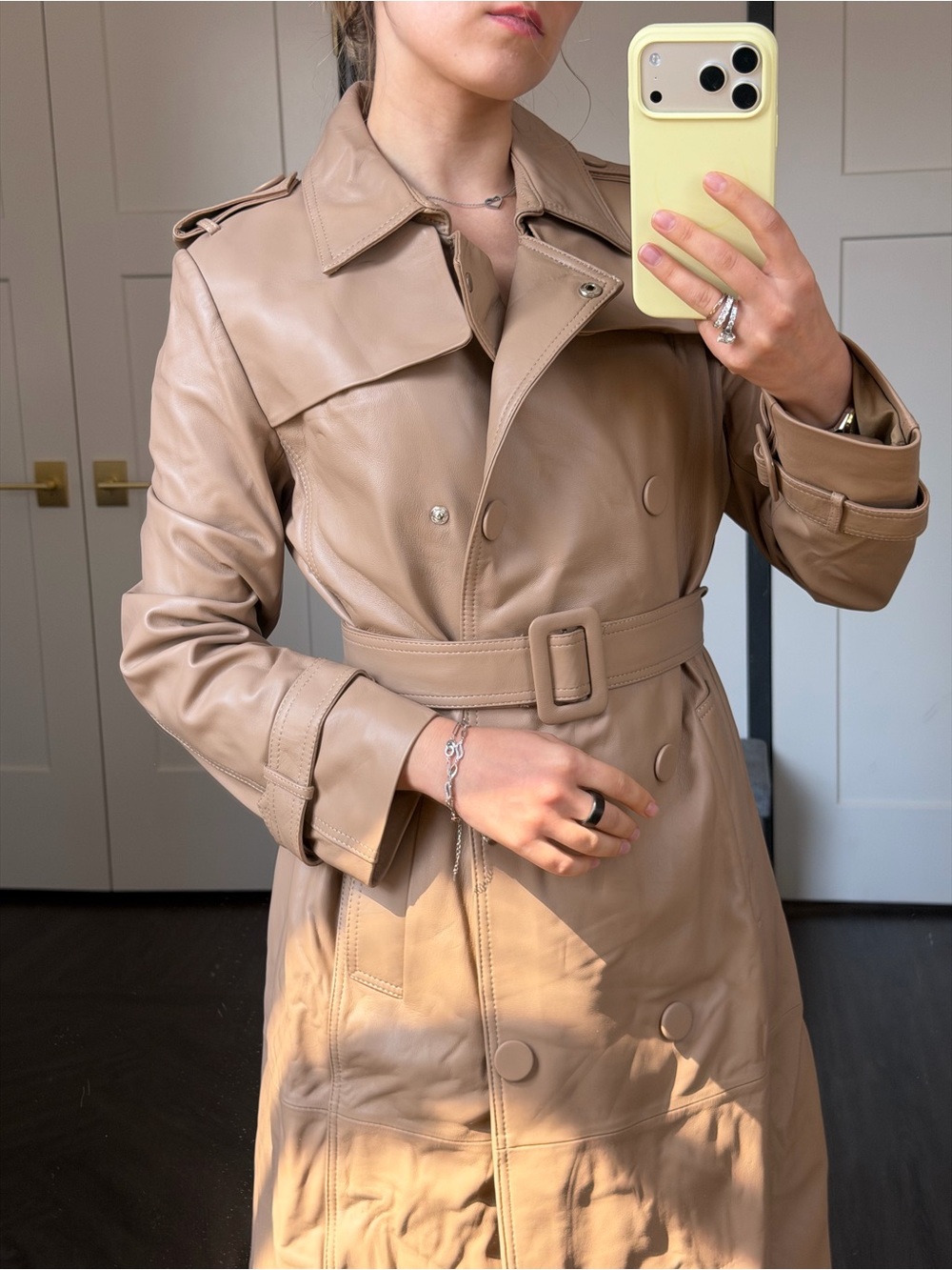 100% leather Classic Tan Leather Trench Coat with Belt